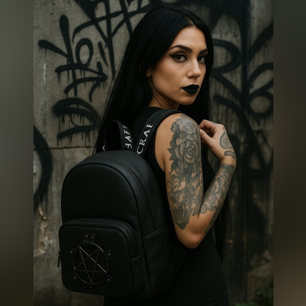 Blackcraft Cult Satin Black Backpack with Pentagram Metal Design